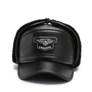 Classic black faux leather winter baseball cap with ear flaps and warm fur lining