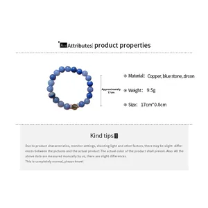Detailed specs of blue stone bead bracelet with zircon copper accents and 17cm size