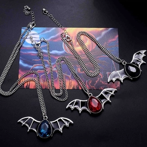 Gothic bat pendant necklaces with blue red black gemstones for Halloween punk style