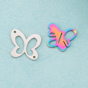 Set of 2 butterfly pendant charms in silver and rainbow stainless steel finishes