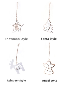 Set of four wooden Christmas ornaments featuring Santa, snowman, deer, and angel shapes
