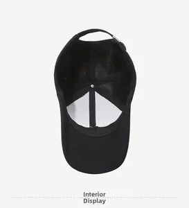 Inside view of black baseball cap showing neat stitching and adjustable rear strap detail