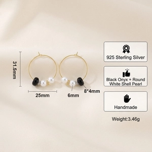 925 sterling silver hoop earrings featuring natural obsidian and white shell pearls