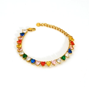 Gold stainless steel tennis bracelet with colorful heart-shaped cubic zirconia stones
