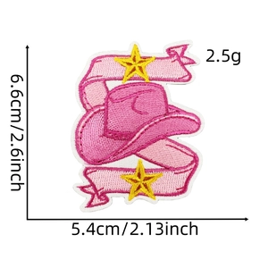 Detailed view of pink cowgirl hat embroidery patch with dimensions 6.6cm by 5.4cm