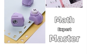 Set of purple mini manual paper punchers featuring various math symbols and numbers