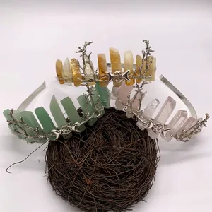 Handmade natural crystal crown headband with silver branches and moon for wedding
