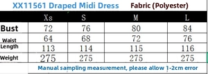 Detailed size chart for the backless V-neck midi dress listing chest and waist measurements
