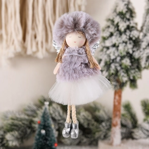 Christmas angel ornament with grey fur coat and white tulle skirt for holiday tree decoration
