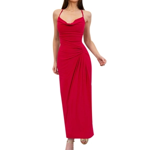 Red bodycon long dress with cowl neck, spaghetti straps and elegant pleated details