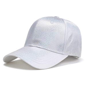 Close-up of metallic silver baseball cap with shimmering sequins and reflective texture