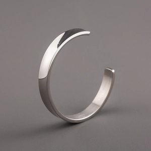 Polished silver 8mm stainless steel oval cuff bracelet for men in minimalist C-shape design