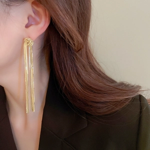 Close-up of elegant gold tassel earrings worn by a model in a high-fashion portrait