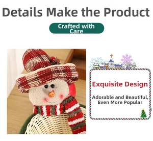 Detailed view of Christmas snowman bamboo storage basket with festive plaid hat and scarf