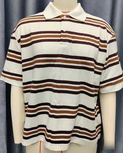 Detailed view of striped polo shirt featuring brown stripes and a classic buttoned collar
