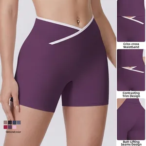 Short de Yoga pour Femme Taille Haute Croisée en V Passepoil Contrasté Contrôle du Ventre Short de Sport pour Fitness