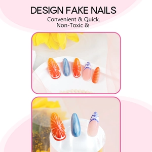 Ocean-inspired 3D orange and floral press-on nails set with glossy blue pearlescent finish