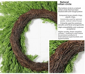 Detail of natural brown rattan wreath base with green artificial pine needles