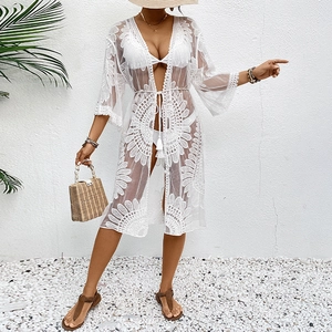 White lace crochet beach kimono cardigan with floral embroidery and tassel ties