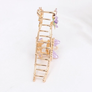 Elegant gold alloy shark clip with purple flowers and pearls for thick hair styling