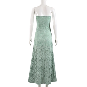 Detail of light green floral lace maxi dress showing the open back and texture