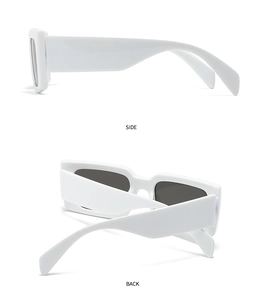 Detail view showing side and back angles of white chunky rectangular retro sunglasses