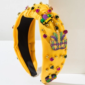 Serre-tête jaune Mardi Gras avec strass colorés et breloques de masque festives