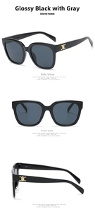Detailed views of vintage square black sunglasses with gold metal logo on the temples
