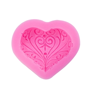 Pink heart silicone cake mold with baroque floral relief for chocolate and DIY baking