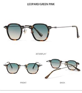 Detailed views of leopard frame sunglasses with green pink gradient lenses and metal legs