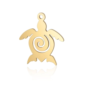 Macro view of golden hollow turtle pendant with spiral design on white background