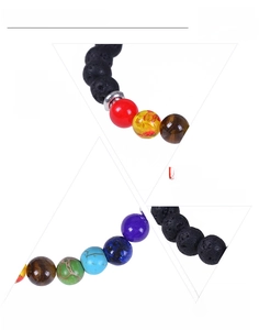 Detailed view of 8mm natural lava rock and seven chakra stones on a stretch yoga bracelet