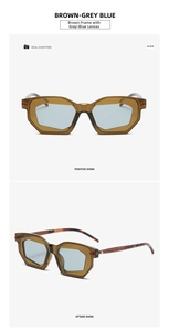 Front and 45-degree side view of geometric tortoiseshell sunglasses with blue lenses