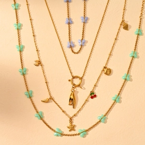 Minimalist 18K gold stainless steel layered necklace with butterfly and sea shell charms