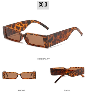 Three-angle view of vintage rectangle sunglasses with leopard pattern frame and brown lens