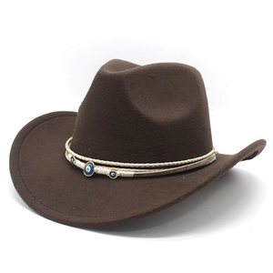 Brown wool felt western cowboy hat with evil eye beaded band decoration for men and women