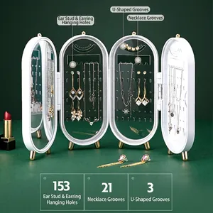 Jewelry Organizer Folding Screen Plastic Display Rack With Mirror For Earrings And Necklaces Dustproof Luxury Style