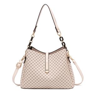 Beige bucket bag with vintage print and adjustable chain strap on white background