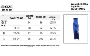 Size chart for French style satin slit strapless evening dress with detailed measurements