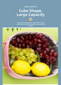 Pink cube lunch bag featuring high-capacity interior with silver thermal insulation layer