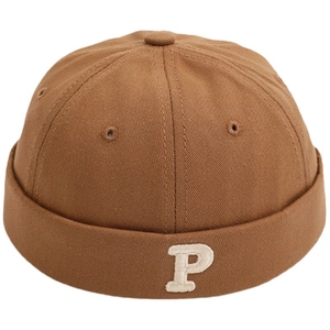 Caramel brown vintage docker hat for kids with white letter P embroidery on white background