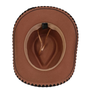 Detail view of brown western cowboy hat interior showing the cotton blend fabric and inner sweatband