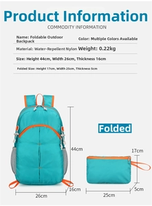 Size guide for lightweight foldable hiking backpack showing unfolded and folded dimensions