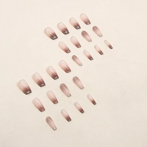 Mocha gradient press-on nails with gold foil trim in coffin shape, 24 piece set