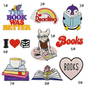 Detailed embroidery texture of bookworm themed iron-on patches in 9 pieces set