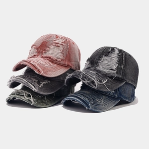 Washed Denim Baseball Cap Distressed Ripped Holes Frayed Edge Vintage Streetwear Sun Protection Adjustable Hat Men Women