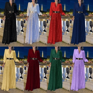 Elegant V-neck long sleeve sequin jumpsuit with belt shown in eight different colors