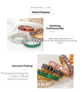 Detailed macro view of eternity bands with square cut gemstones in various vibrant colors