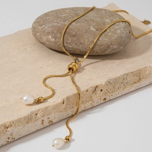 Artificial Pearl Y Necklace Stainless Steel Snake Chain Adjustable Lariat Sweater Chain Elegant Fashion Jewelry Waterproof