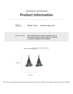 Detail view of bohemian triangle fringe earrings with dimensions and material specs